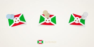 Pinned flag of Burundi in different shapes with twisted corners. pushpins top view. vector