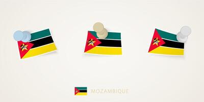 Pinned flag of Mozambique in different shapes with twisted corners. pushpins top view. vector