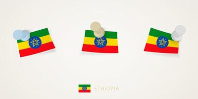 Pinned flag of Ethiopia in different shapes with twisted corners. pushpins top view. vector