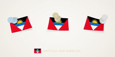 Pinned flag of Antigua and Barbuda in different shapes with twisted corners. pushpins top view. vector