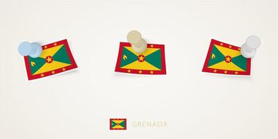 Pinned flag of Grenada in different shapes with twisted corners. pushpins top view. vector