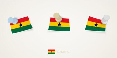 Pinned flag of Ghana in different shapes with twisted corners. pushpins top view. vector