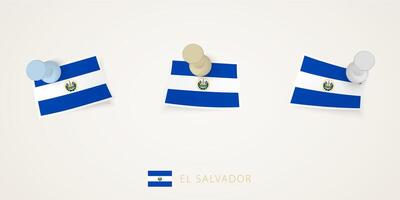Pinned flag of El Salvador in different shapes with twisted corners. pushpins top view. vector
