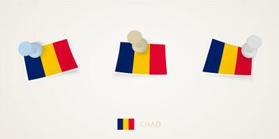 Pinned flag of Chad in different shapes with twisted corners. pushpins top view. vector