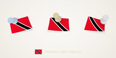 Pinned flag of Trinidad and Tobago in different shapes with twisted corners. pushpins top view. vector