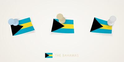 Pinned flag of The Bahamas in different shapes with twisted corners. pushpins top view. vector