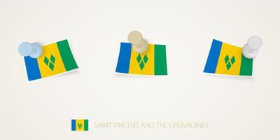 Pinned flag of Saint Vincent and the Grenadines in different shapes with twisted corners. pushpins top view. vector