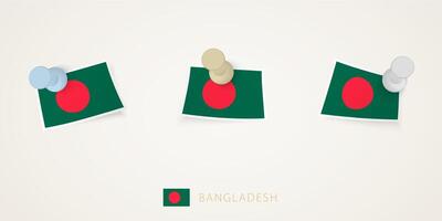Pinned flag of Bangladesh in different shapes with twisted corners. pushpins top view. vector