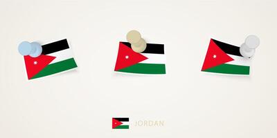 Pinned flag of Jordan in different shapes with twisted corners. pushpins top view. vector