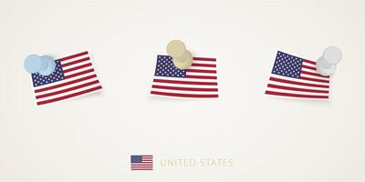 Pinned flag of USA in different shapes with twisted corners. pushpins top view. vector