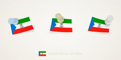 Pinned flag of Equatorial Guinea in different shapes with twisted corners. pushpins top view. vector