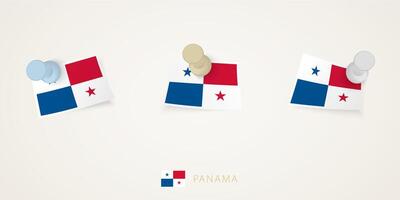 Pinned flag of Panama in different shapes with twisted corners. pushpins top view. vector