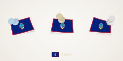 Pinned flag of Guam in different shapes with twisted corners. pushpins top view. vector