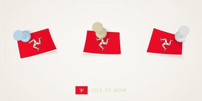 Pinned flag of Isle of Man in different shapes with twisted corners. pushpins top view. vector