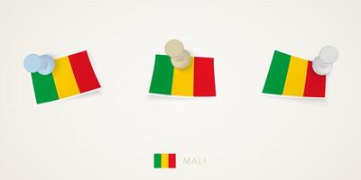 Pinned flag of Mali in different shapes with twisted corners. pushpins top view. vector