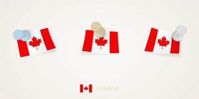 Pinned flag of Canada in different shapes with twisted corners. pushpins top view. vector