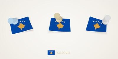 Pinned flag of Kosovo in different shapes with twisted corners. pushpins top view. vector