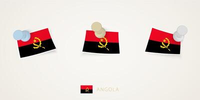 Pinned flag of Angola in different shapes with twisted corners. pushpins top view. vector