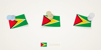 Pinned flag of Guyana in different shapes with twisted corners. pushpins top view. vector