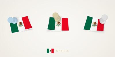 Pinned flag of Mexico in different shapes with twisted corners. pushpins top view. vector
