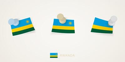 Pinned flag of Rwanda in different shapes with twisted corners. pushpins top view. vector