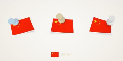 Pinned flag of China in different shapes with twisted corners. pushpins top view. vector