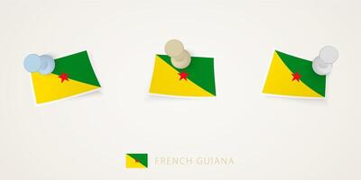 Pinned flag of French Guiana in different shapes with twisted corners. pushpins top view. vector