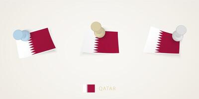 Pinned flag of Qatar in different shapes with twisted corners. pushpins top view. vector