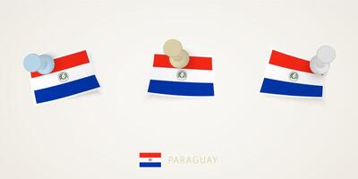 Pinned flag of Paraguay in different shapes with twisted corners. pushpins top view. vector