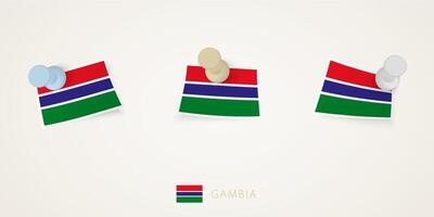 Pinned flag of Gambia in different shapes with twisted corners. pushpins top view. vector