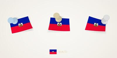Pinned flag of Haiti in different shapes with twisted corners. pushpins top view. vector