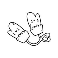 Kawaii mittens. Doodle winter glove. Coloring page of mittens on a thread. Christmas illusrtation on a white background vector