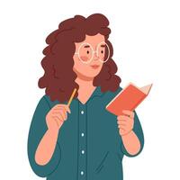 The girl writes a list in a notebook or keeps a diary.Time management and reminders. vector