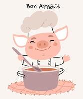 Cute pig chef in a chef's hat cooks soup. Illustration in Scandinavian style. Text bon appetit. vector