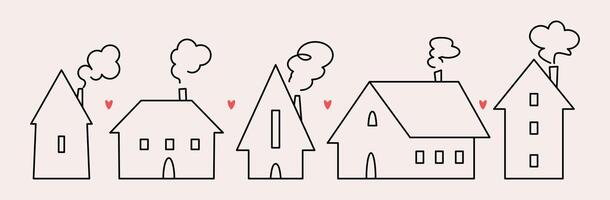A set of cute and cozy houses in a linear modern minimalist Scandinavian style. Love in family symbol. vector
