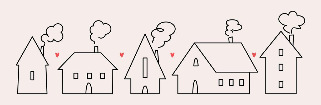 A set of cute and cozy houses in a linear modern minimalist Scandinavian style. Love in family symbol.