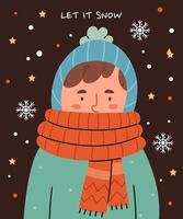 Cute winter card. Child in winter clothes on a snow background. Text let it snow. vector
