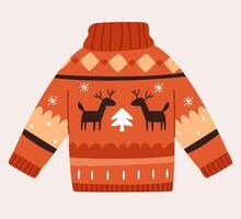 Cute warm sweater in a winter New Year's deer pattern. Red, yellow and brown colors.Can be used for winter design, cards, posters and more. vector