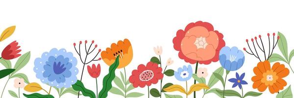Horizontal Banner with various wildflowers. Set of flowers on a white background.Long seamless bottom banner with various wild flowers and greenery. vector
