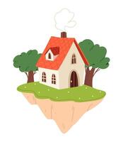 A cute house stands on a small island in the middle of the clouds.Personal island. vector