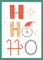 New Year's poster HoHoHo. Funny letters in winter prints are written by hand. Vibrant colors. vector