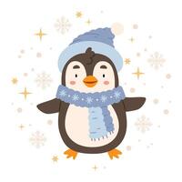 A cute penguin in the Scandinavian style in winter clothes in the middle of snowflakes and stars. Illustration for a card, print or poster vector