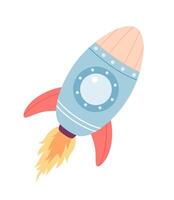 Toy rocket on a white background. Children's toy. Space object. Pastel colors.Flying cosmos shuttle, rocketship taking off with fire engine. vector