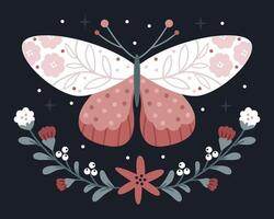 Butterfly or moth with a boho style pattern. Floral wreath. Magical illustration in pastel retro colors. vector