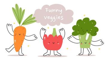 Funny vegetables. Carrots, peppers and broccoli dancing on a white background. The concept of veganism and healthy food. Happy cute vegetable character with plant with smiling face vector