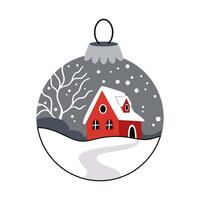 Minimalistic New Year's ball in Scandinavian style in gray colors. Red house on a winter landscape. vector