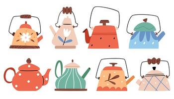 Set of very cute vintage teapots of different shapes in pastel colors. Ethnic floral and geometric patterns. vector