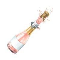A glass bottle with pink champagne flying out with a cork. Watercolor illustration. An isolated object from a large set of happy BIRTHDAY. For decoration and composition, a congratulatory theme vector