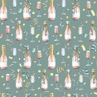 Bottles and glasses with pink champagne, with festive ribbons. Watercolor illustration. Seamless pattern on a turquoise background from a large set of HAPPY BIRTHDAY. For congratulations and gifts. vector