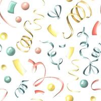 Multicolored ribbons and confetti on a white background. Watercolor illustration. festive, congratulatory, seamless pattern from the collection of HAPPY BIRTHDAY. For wrapping paper, fabric, textile vector